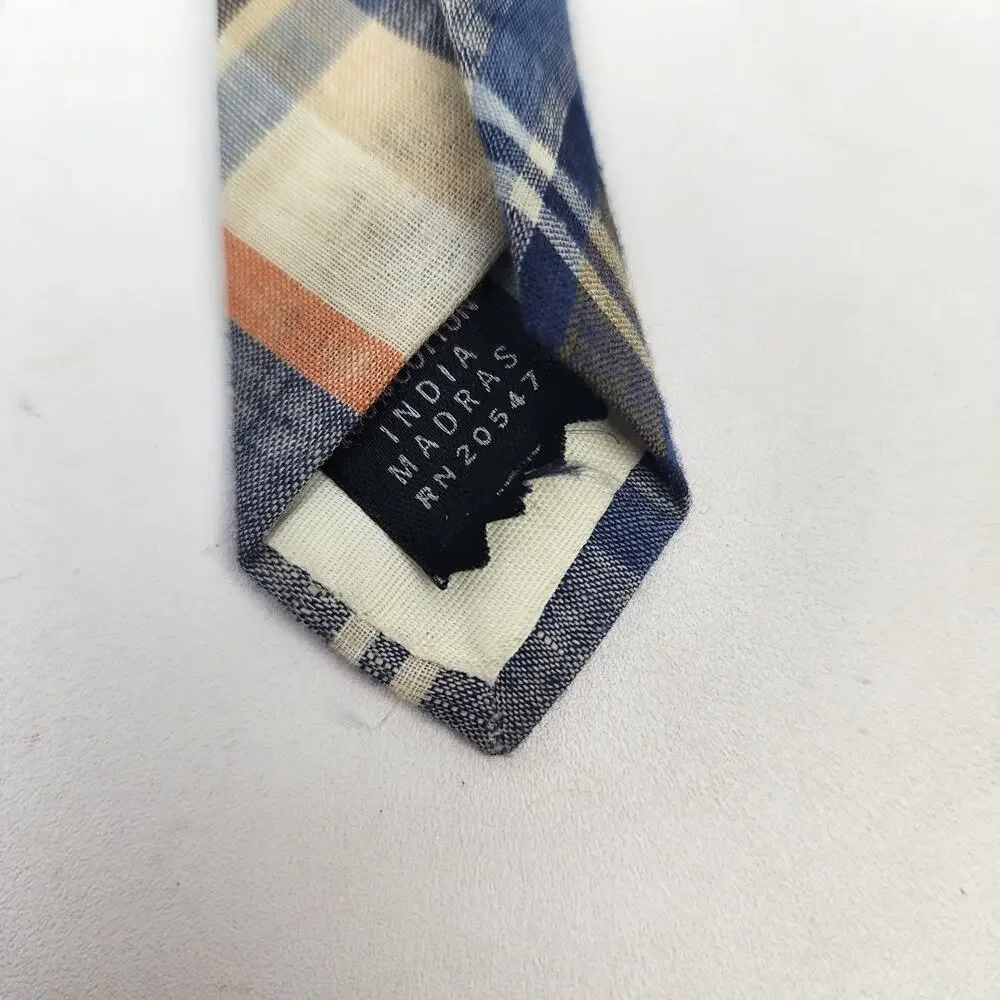 Lord & Taylor Casual Madras Tie Necktie Blue Orange Tan Plaid 100% Cotton 3